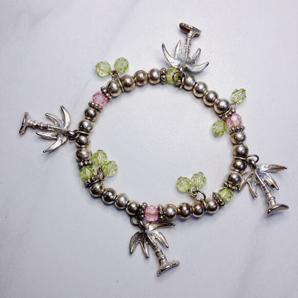 VTG Silver-Plated Y2K Charm Bracelet, Tropical Enamel Palm Trees Plastic Beads - Picture 5 of 6